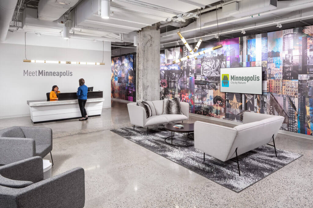 Meet Minneapolis workspace entrance, lobby and reception